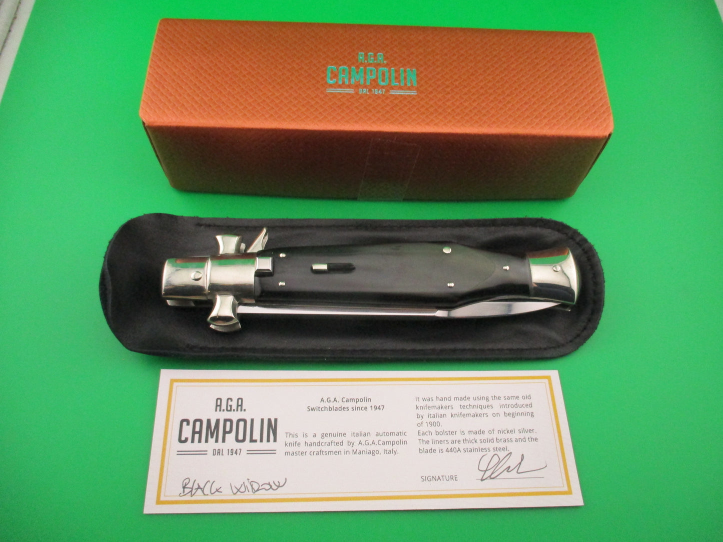 AGA CAMPOLIN 29cm Italian BLACK WIDOW Fulcrum Wasp Square button horn automatic knife