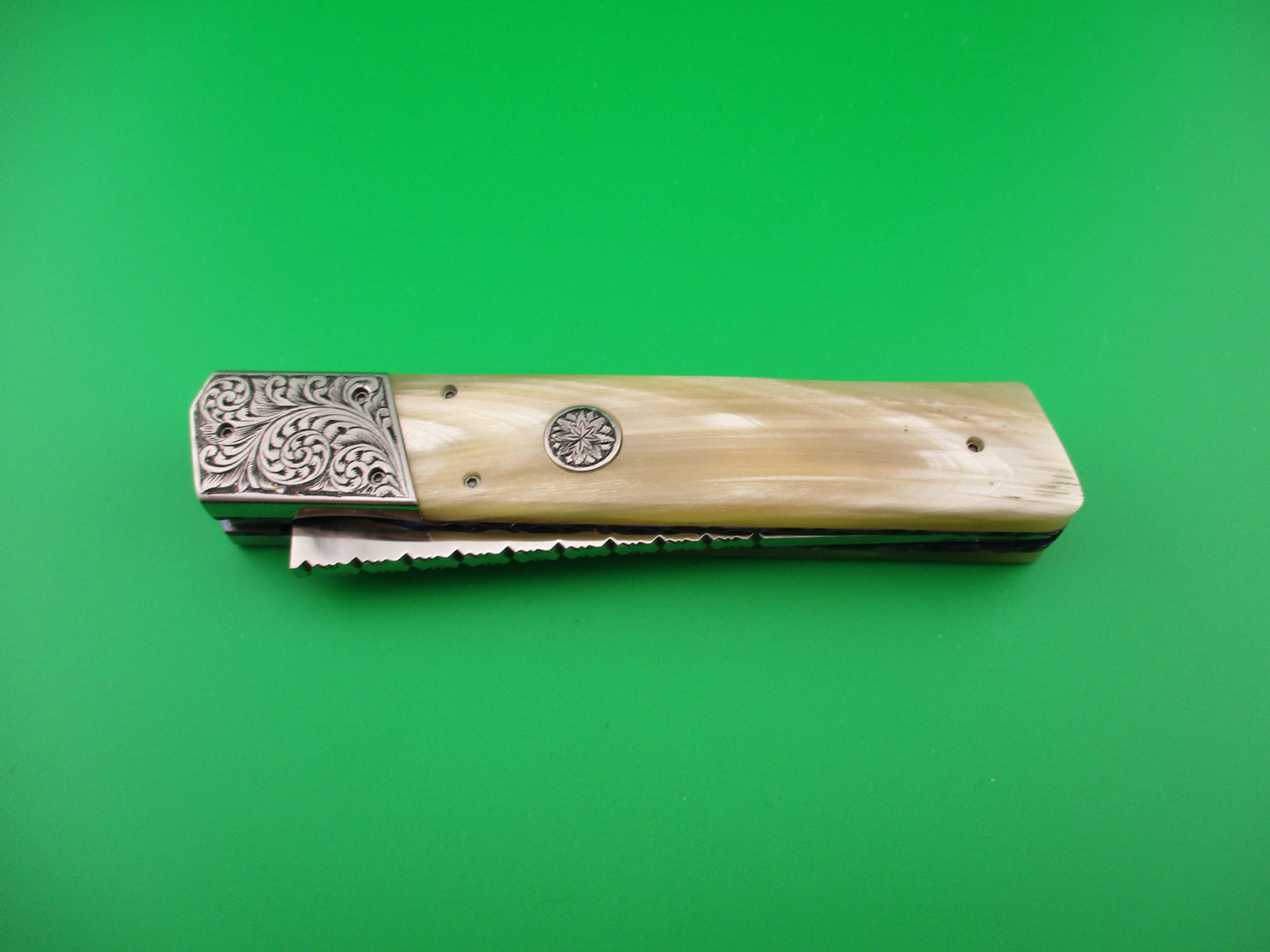 Custom Hand MADE 23cm Engraved Tanto Light Horn Automatic Knife by Afaaq