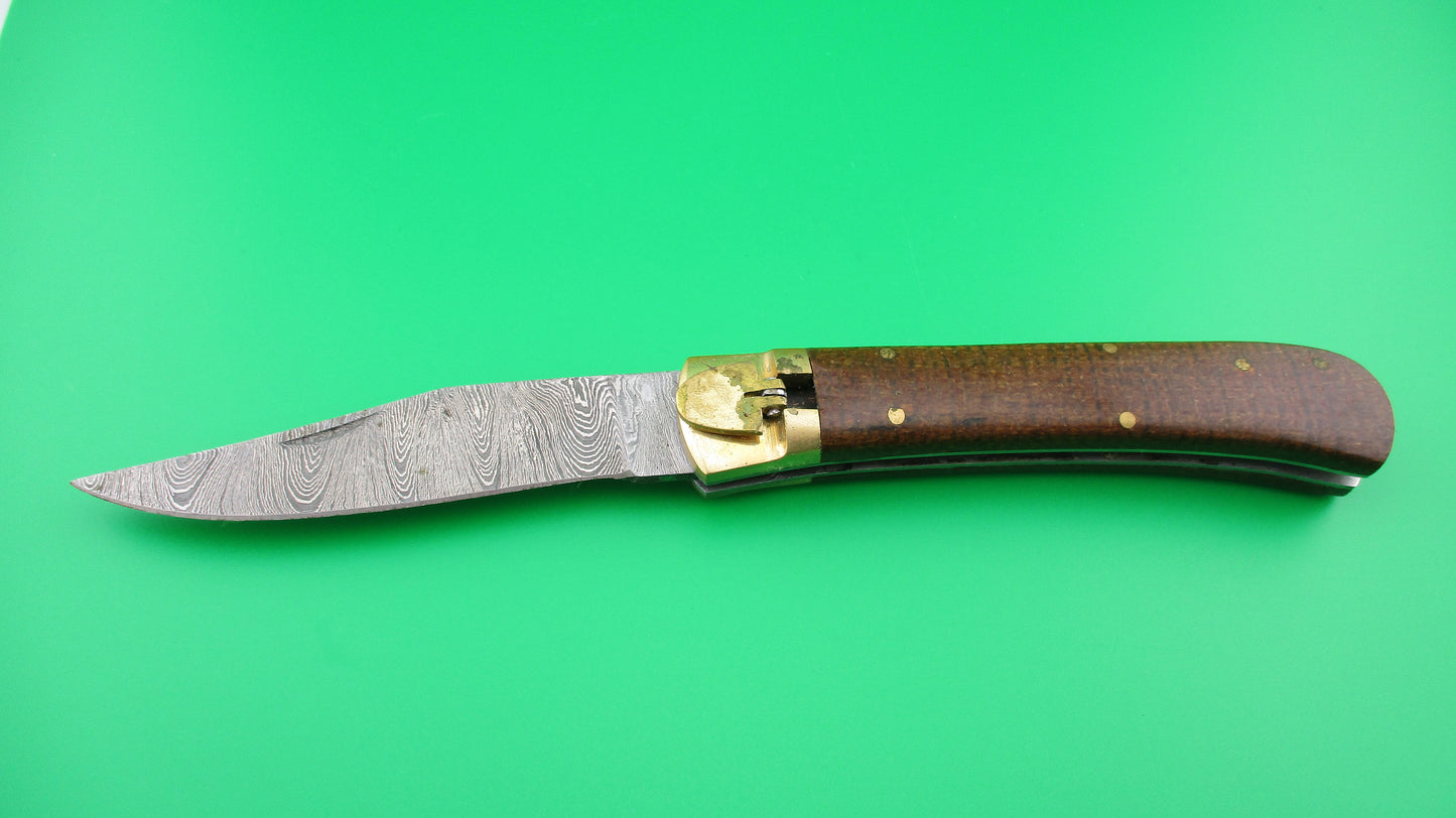 Damascus Wood Brass 23cm Lever Automatic knife with hand made leather case