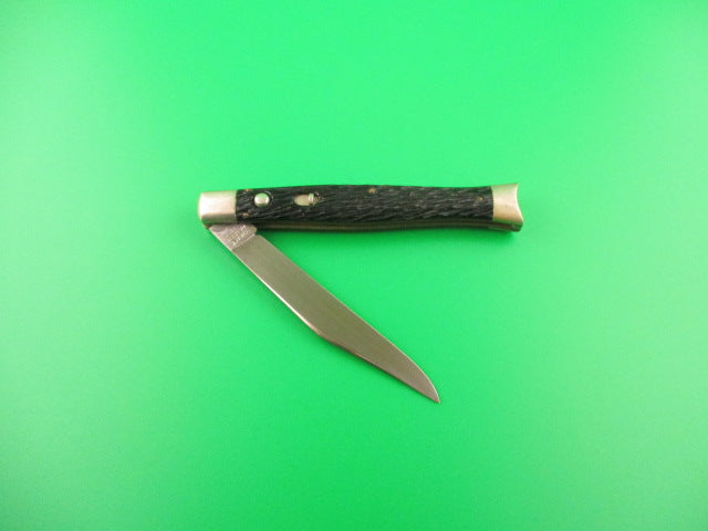 SCHRADE WALDEN NY USA #151 Fishtail Black Stagged vintage automatic knife w bolsters