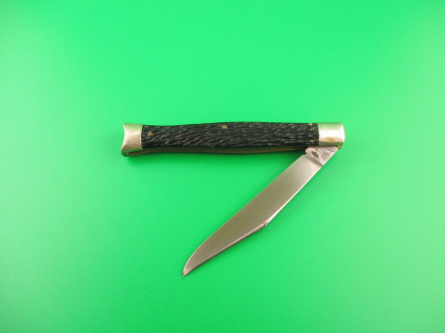 SCHRADE WALDEN NY USA #151 Fishtail Black Stagged vintage automatic knife w bolsters