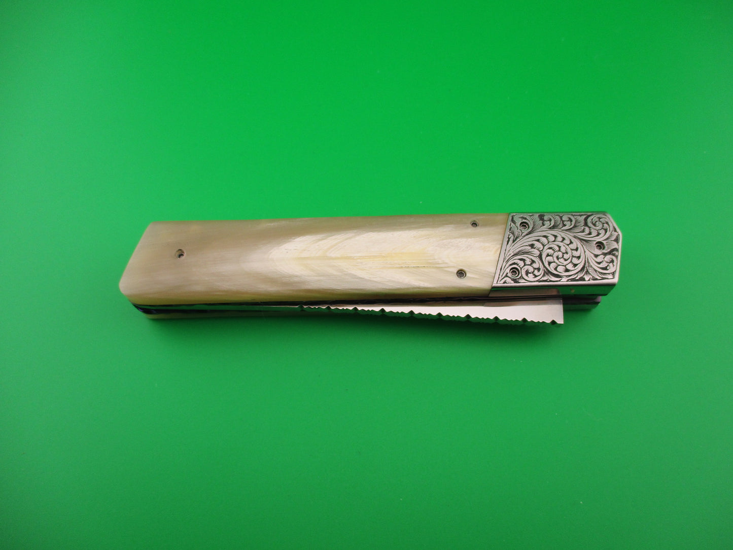 Custom Hand MADE 23cm Engraved Tanto Light Horn Automatic Knife by Afaaq