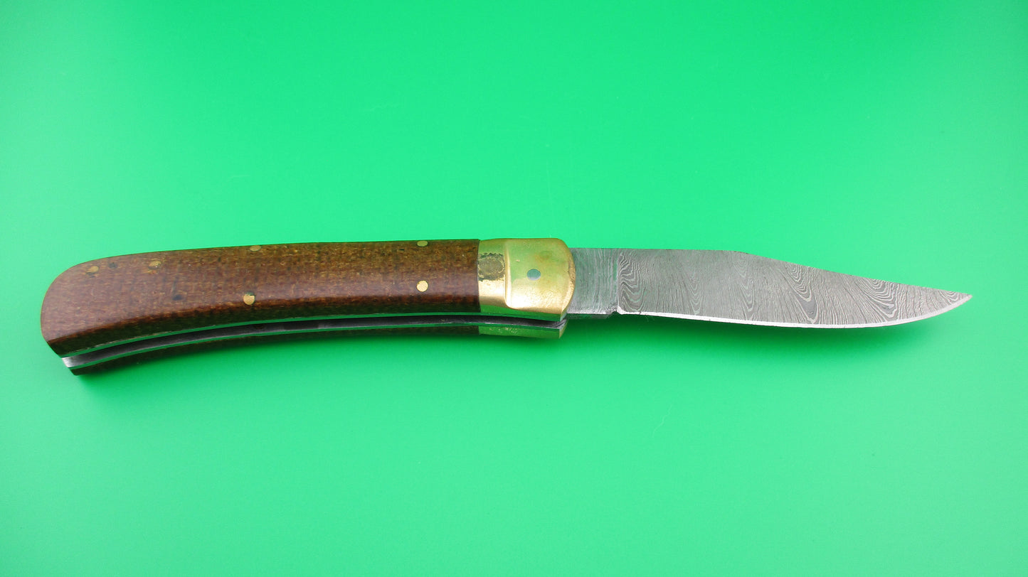 Damascus Wood Brass 23cm Lever Automatic knife with hand made leather case