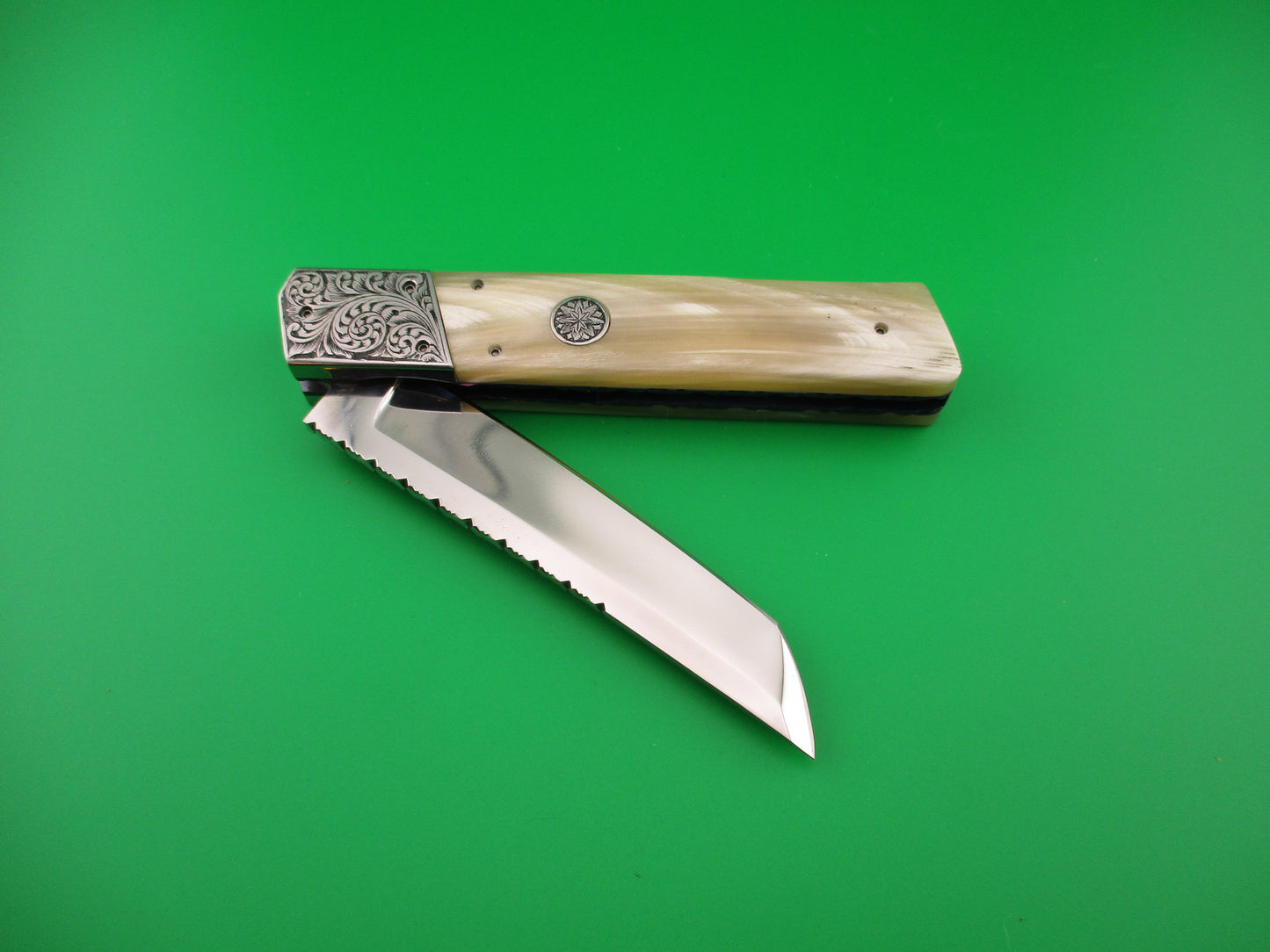 Custom Hand MADE 23cm Engraved Tanto Light Horn Automatic Knife by Afaaq