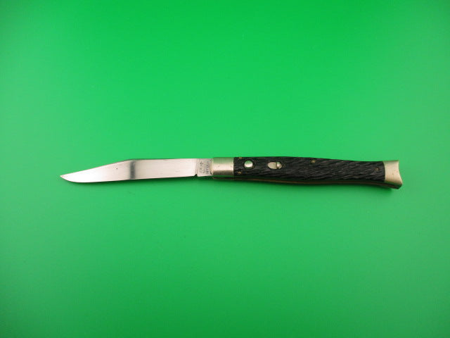 SCHRADE WALDEN NY USA #151 Fishtail Black Stagged vintage automatic knife w bolsters