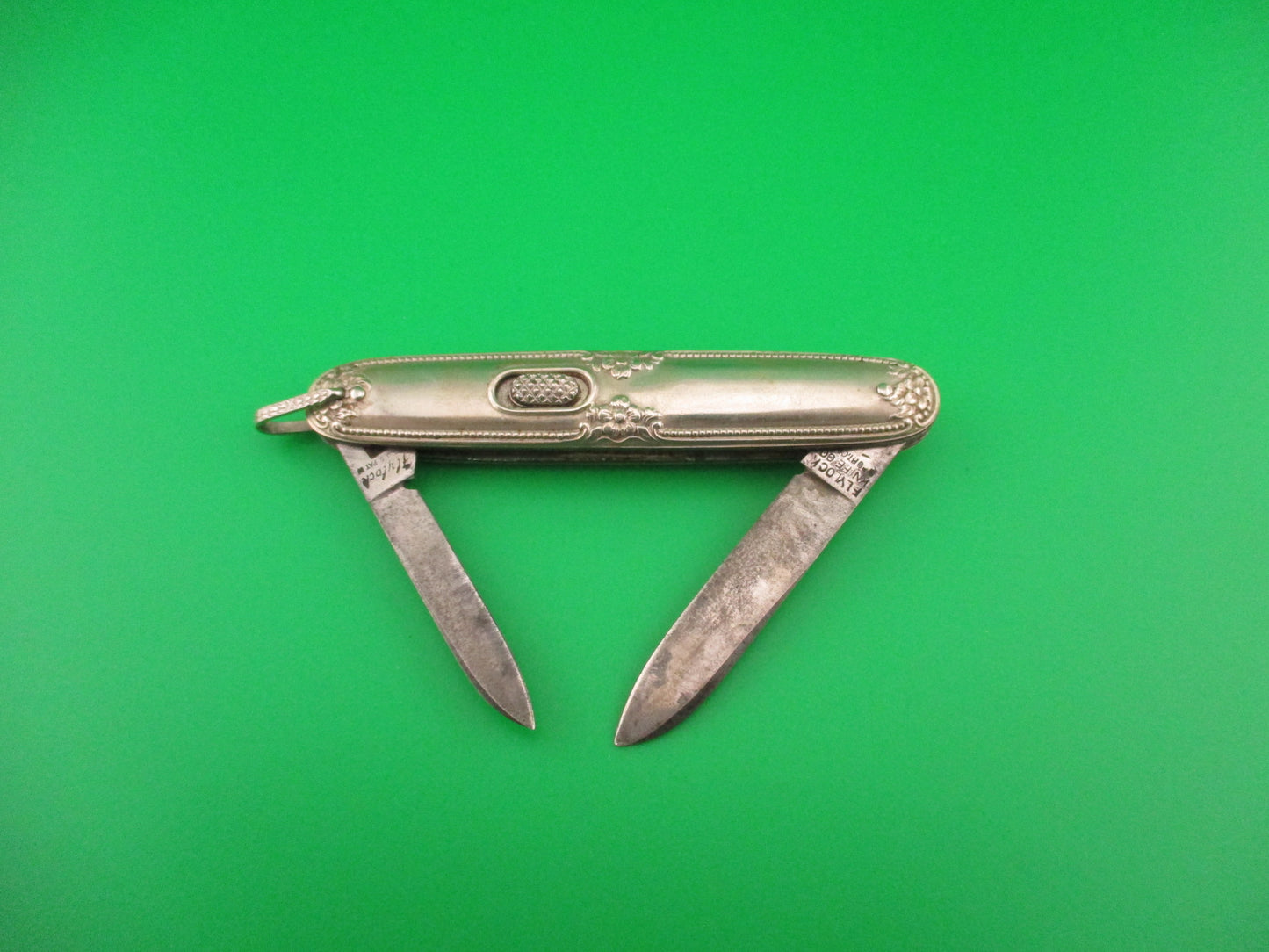 Flylock Double Nickel Silver plated Ornate metal handled antique switchblade knife