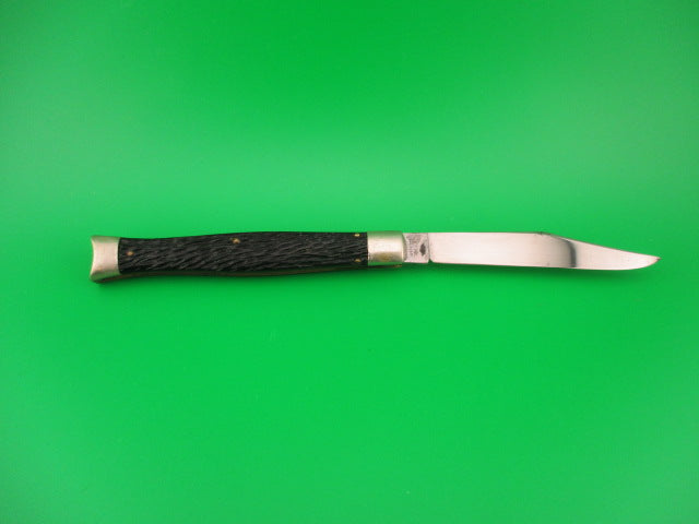 SCHRADE WALDEN NY USA #151 Fishtail Black Stagged vintage automatic knife w bolsters