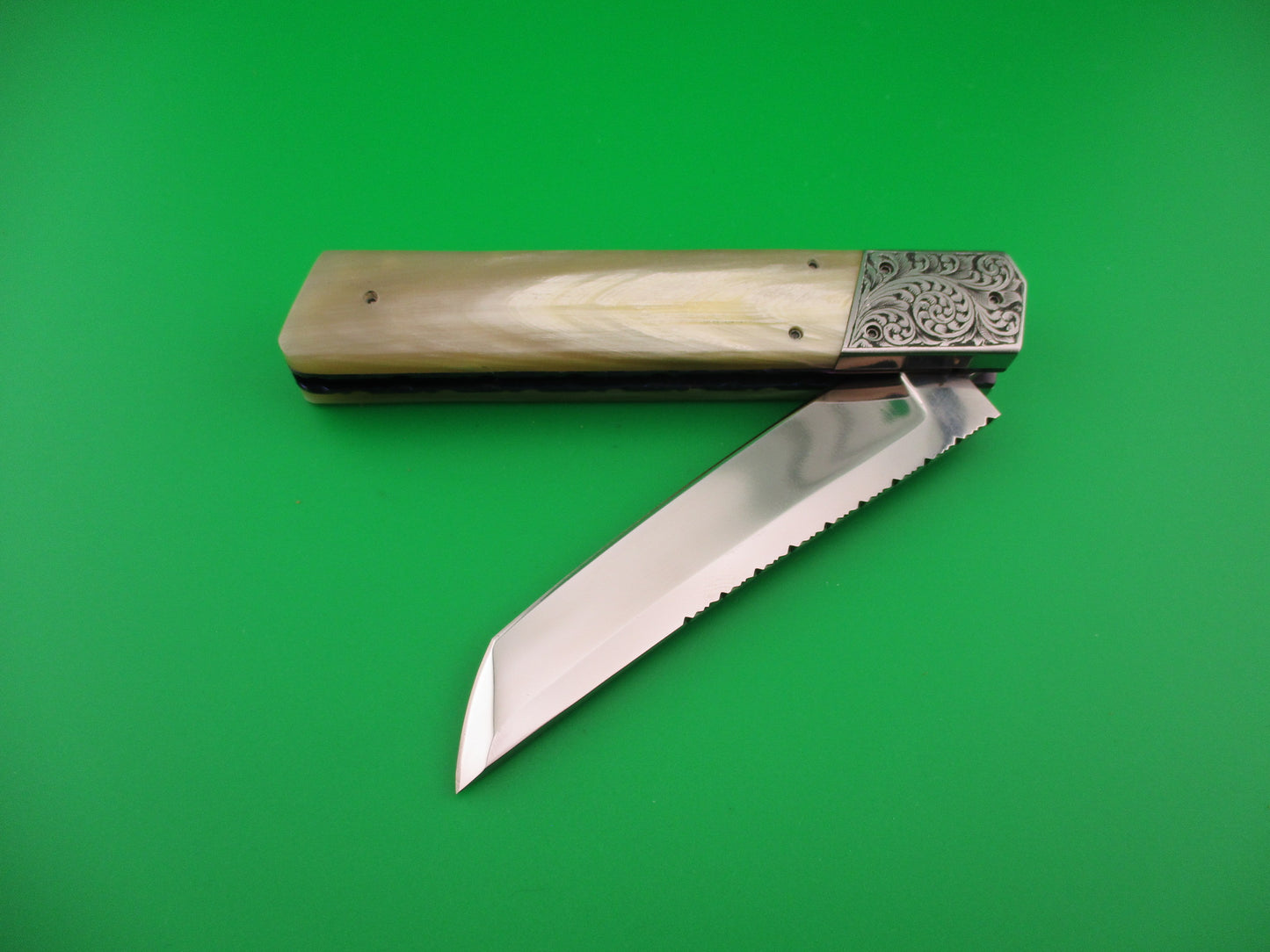 Custom Hand MADE 23cm Engraved Tanto Light Horn Automatic Knife by Afaaq