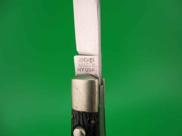 SCHRADE WALDEN NY USA #151 Fishtail Black Stagged vintage automatic knife w bolsters