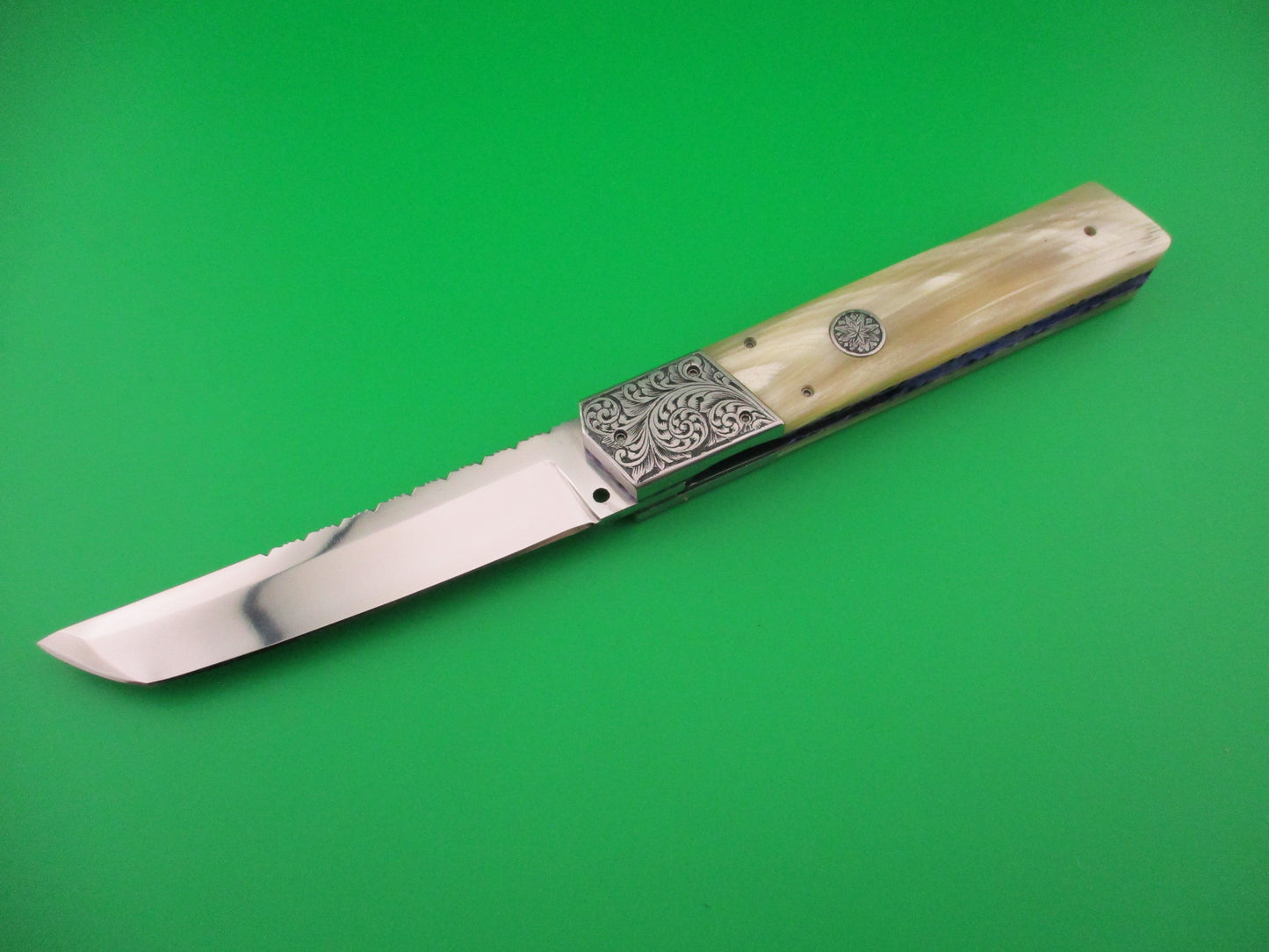 Custom Hand MADE 23cm Engraved Tanto Light Horn Automatic Knife by Afaaq