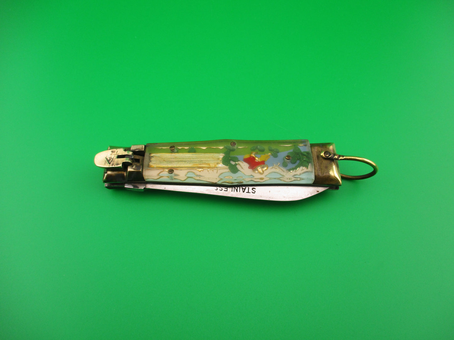 STAINLESS 17cm Japanese Bullfighter Siesta spear blade brass lever switchblade