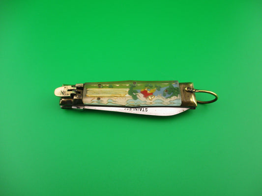 STAINLESS 17cm Japanese Bullfighter Siesta spear blade brass lever switchblade