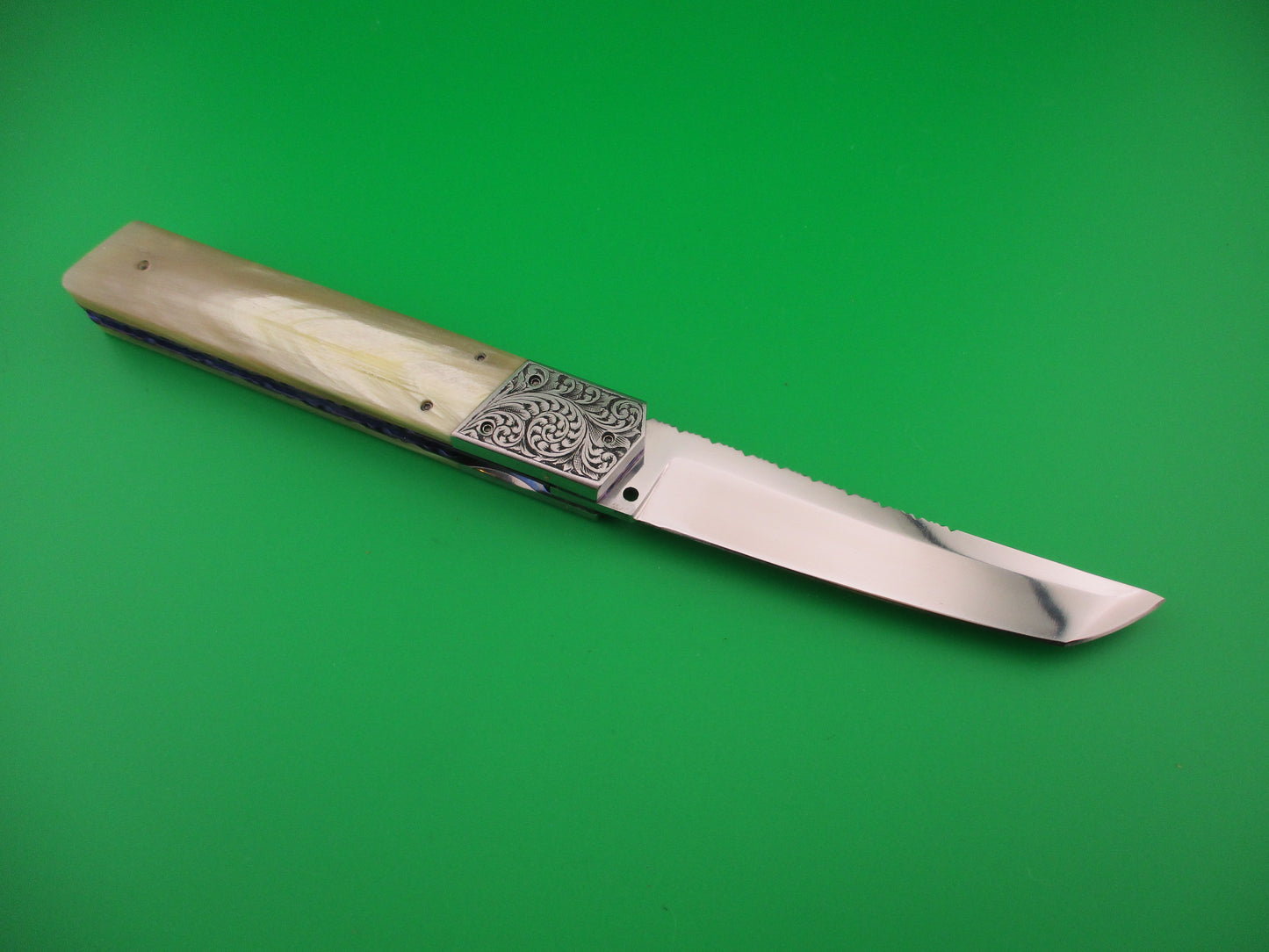 Custom Hand MADE 23cm Engraved Tanto Light Horn Automatic Knife by Afaaq