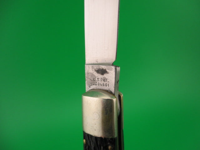 SCHRADE WALDEN NY USA #151 Fishtail Black Stagged vintage automatic knife w bolsters