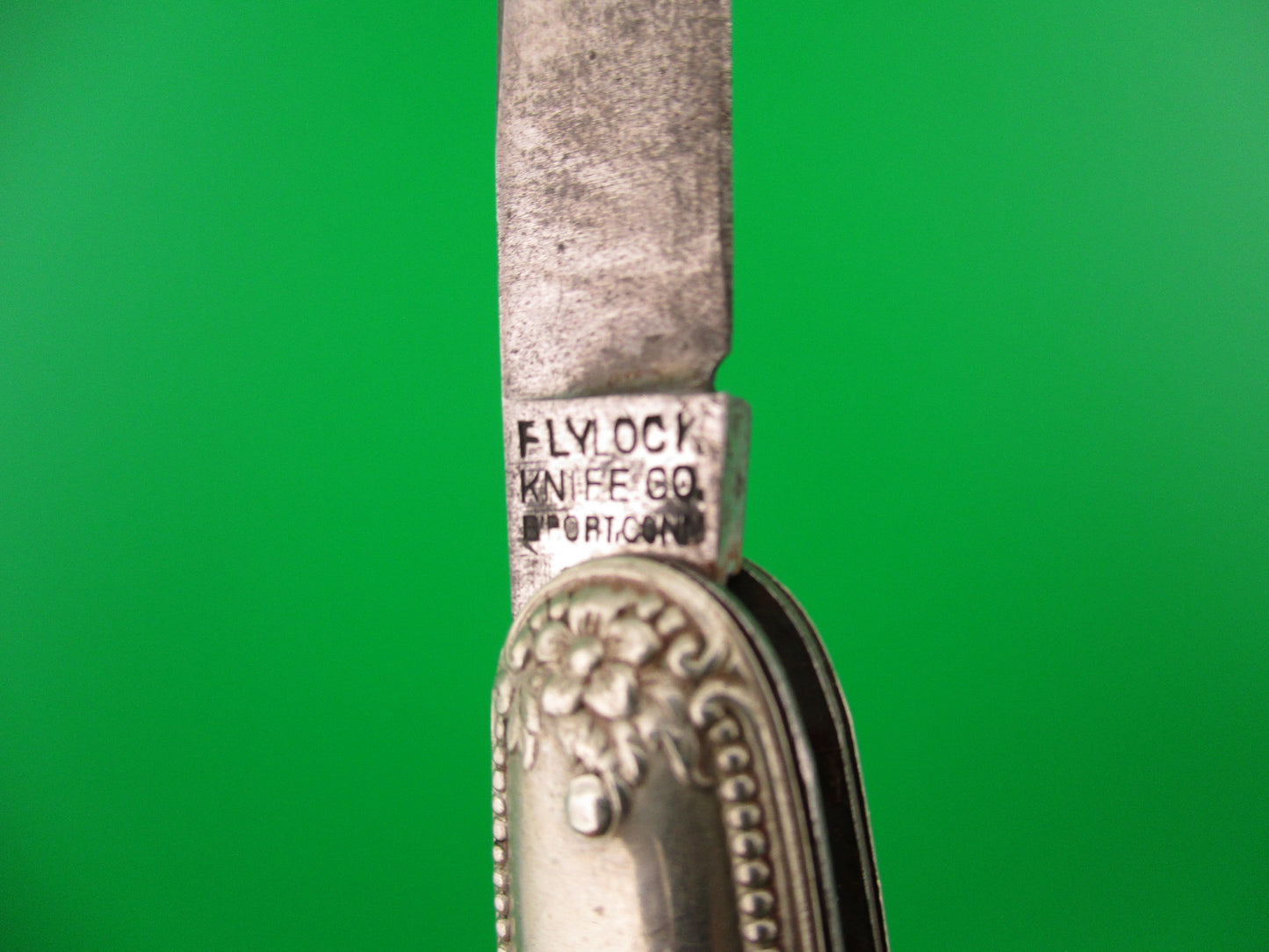 Flylock Double Nickel Silver plated Ornate metal handled antique switchblade knife
