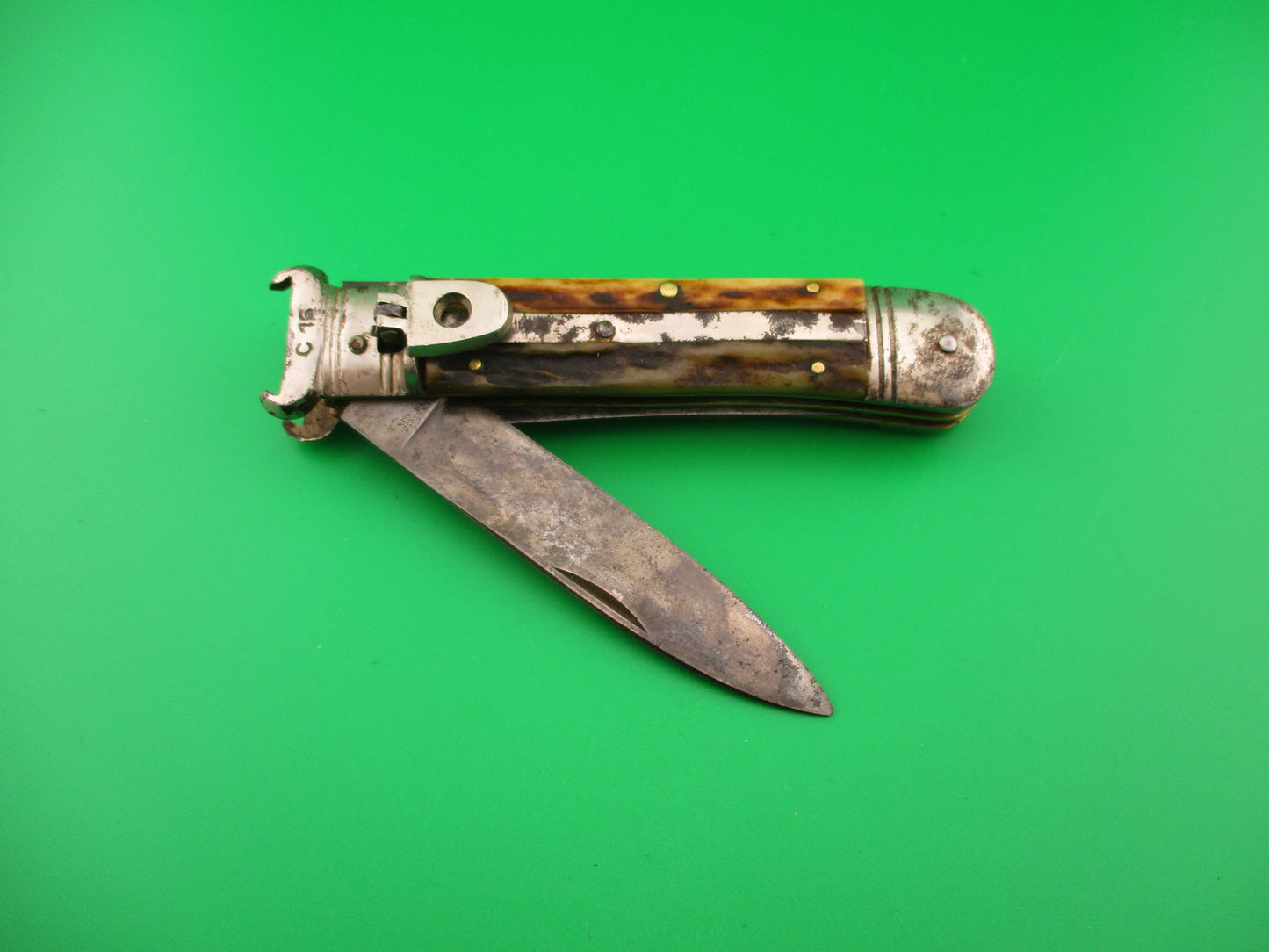 A W ALCOSO SOLINGEN 20cm German Shell Puller 2 Blade Stag Lever automatic knife