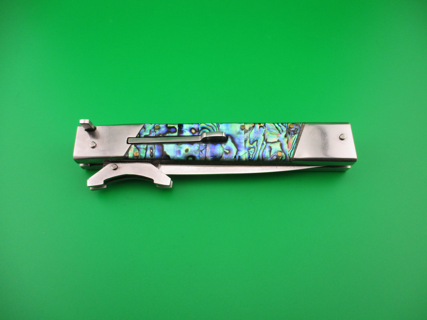 Custom 29cm Abalone Prioletta style Swing Guard Dagger grind Automatic knife