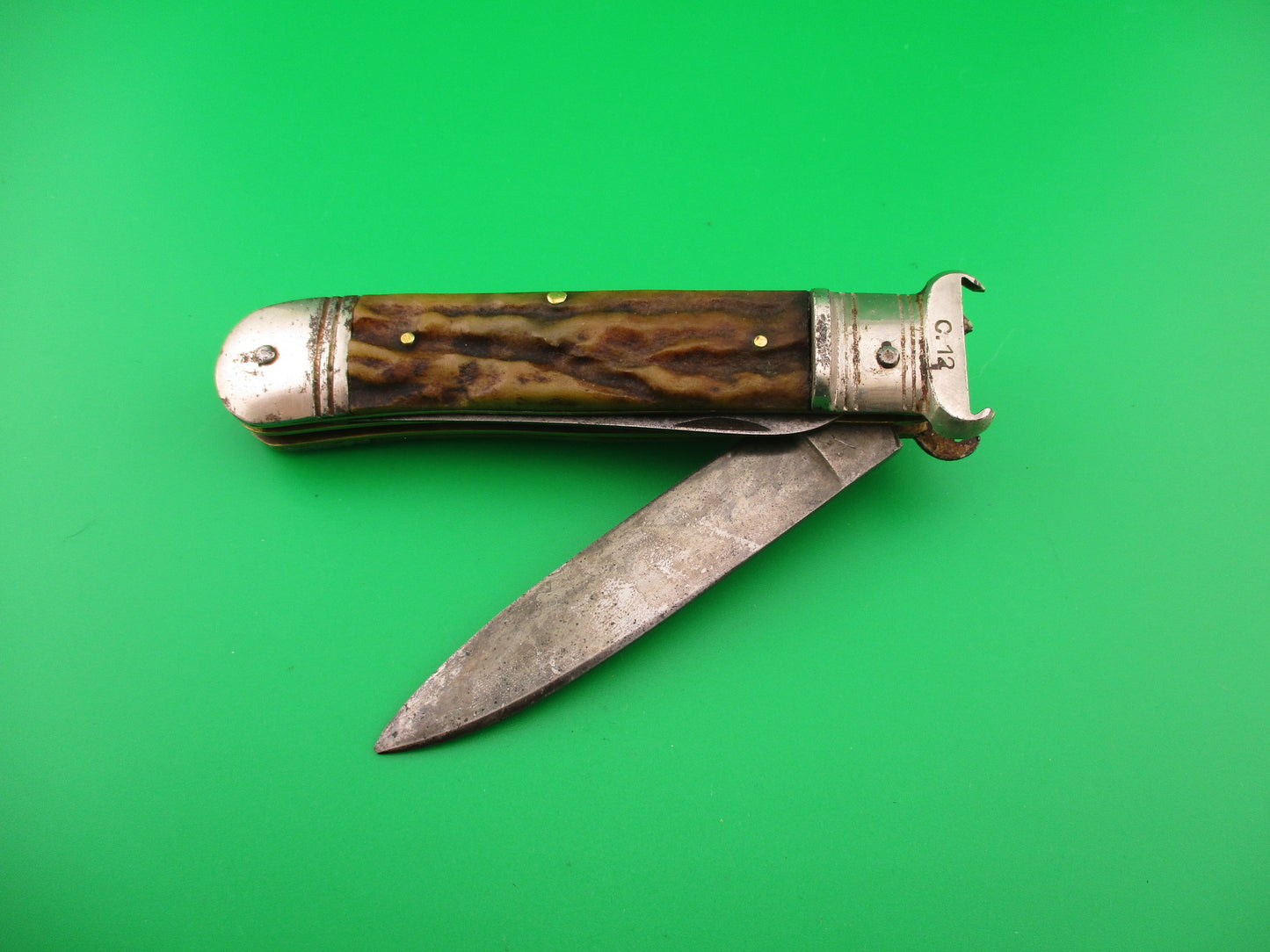 A W ALCOSO SOLINGEN 20cm German Shell Puller 2 Blade Stag Lever automatic knife
