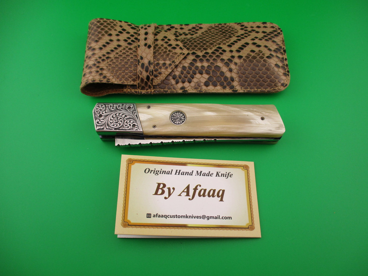Custom Hand MADE 23cm Engraved Tanto Light Horn Automatic Knife by Afaaq