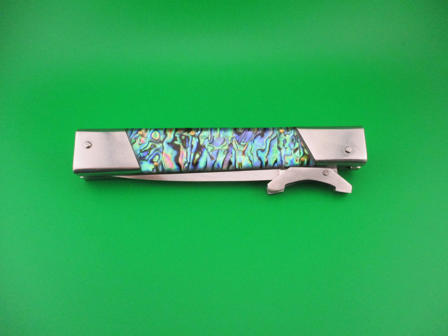 Custom 29cm Abalone Prioletta style Swing Guard Dagger grind Automatic knife