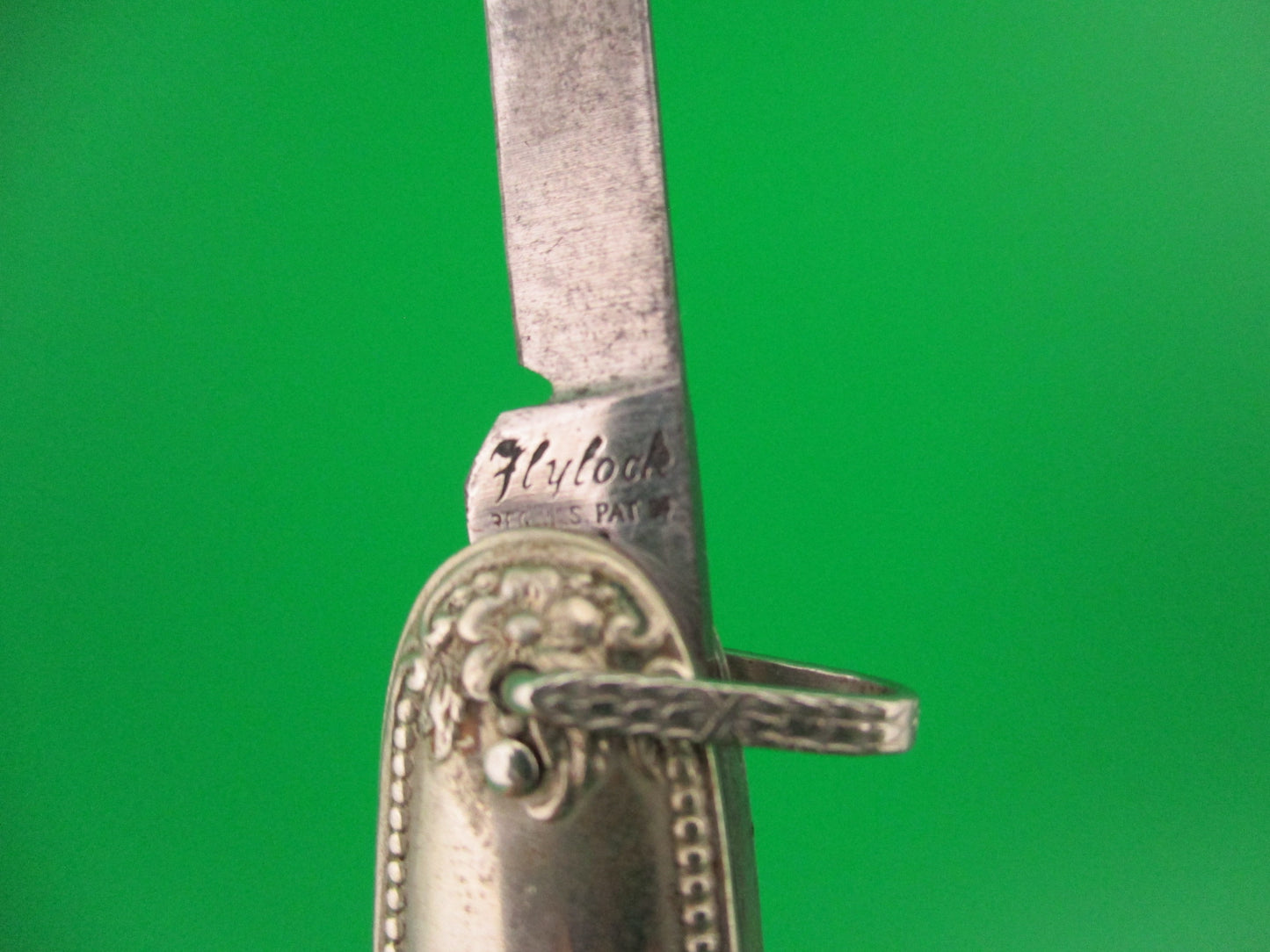 Flylock Double Nickel Silver plated Ornate metal handled antique switchblade knife