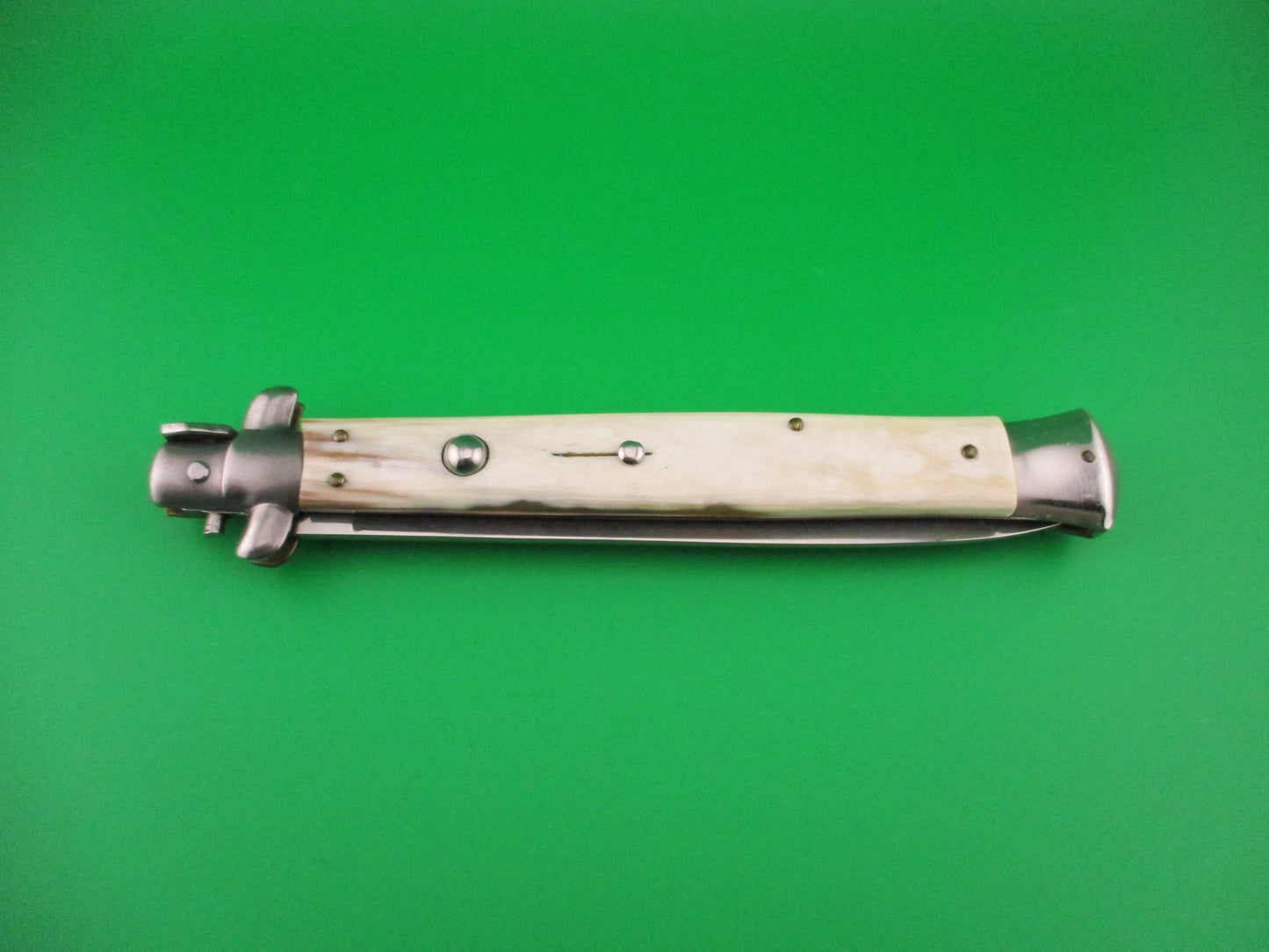 INOX 33cm Italian Stiletto vintage 1980s White horn Swivel bolster automatic knife