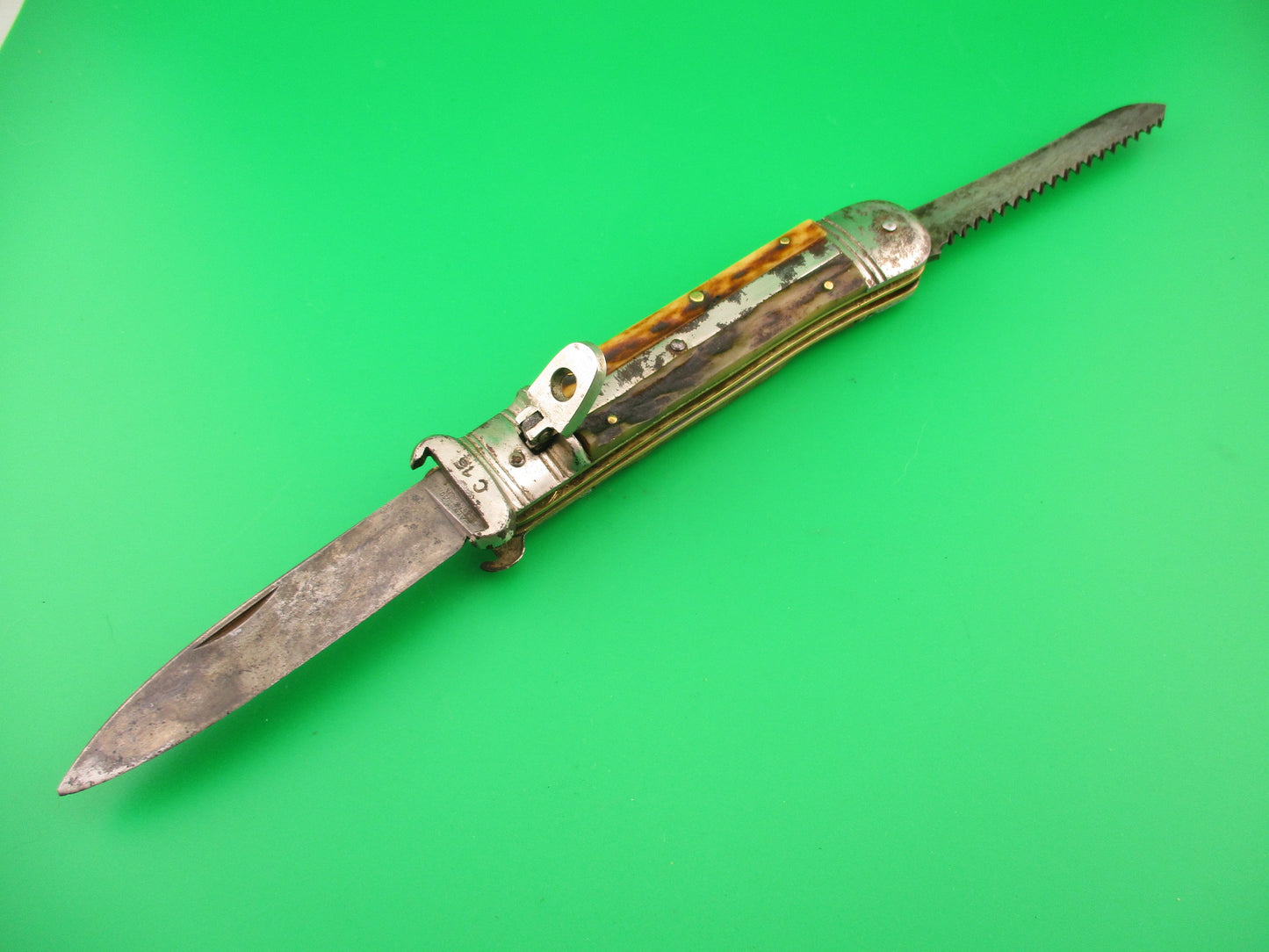 A W ALCOSO SOLINGEN 20cm German Shell Puller 2 Blade Stag Lever automatic knife