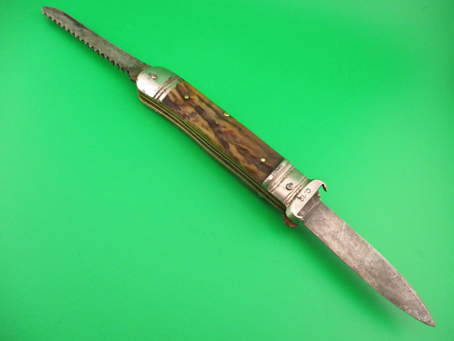 A W ALCOSO SOLINGEN 20cm German Shell Puller 2 Blade Stag Lever automatic knife