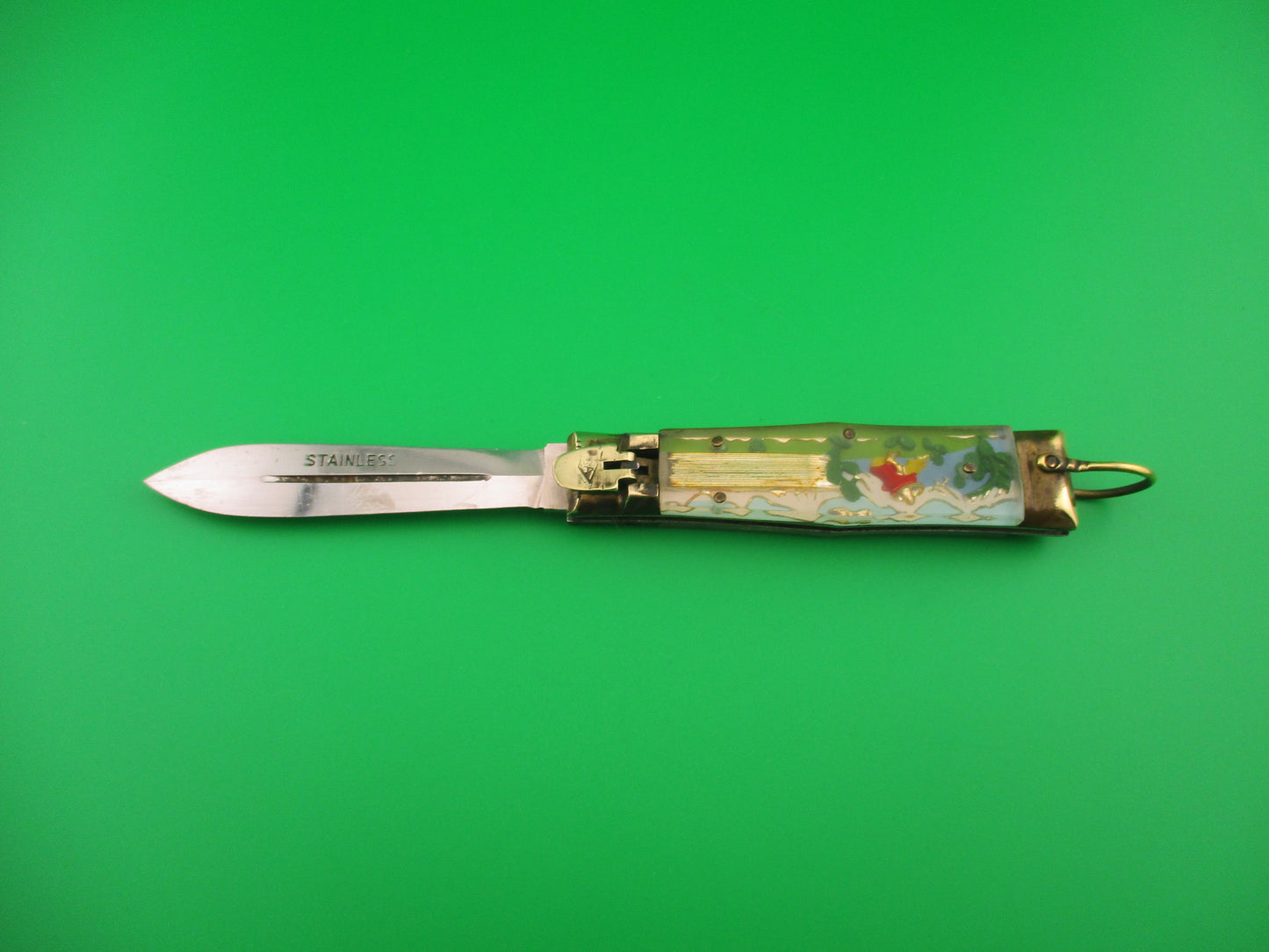STAINLESS 17cm Japanese Bullfighter Siesta spear blade brass lever switchblade