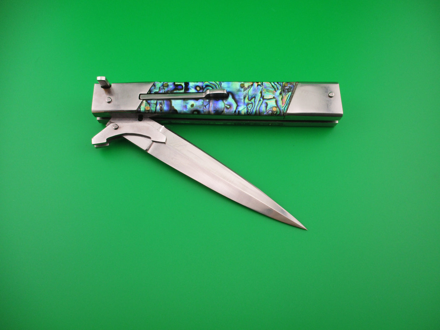 Custom 29cm Abalone Prioletta style Swing Guard Dagger grind Automatic knife