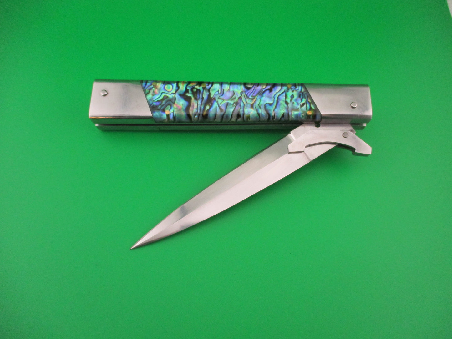 Custom 29cm Abalone Prioletta style Swing Guard Dagger grind Automatic knife