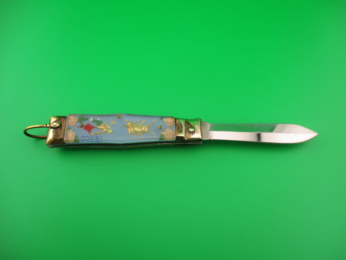 STAINLESS 17cm Japanese Bullfighter Siesta spear blade brass lever switchblade