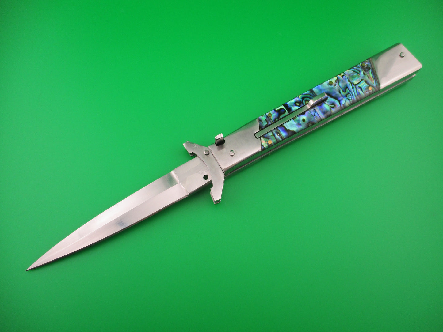 Custom 29cm Abalone Prioletta style Swing Guard Dagger grind Automatic knife