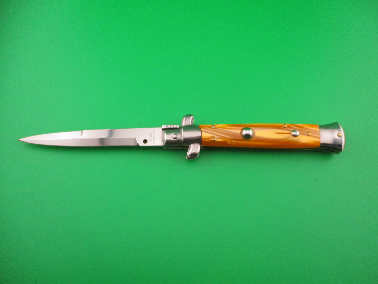 ITALY STAINLESS 22cm Italian Swivel bolster Orange Acrylic vintage automatic knife