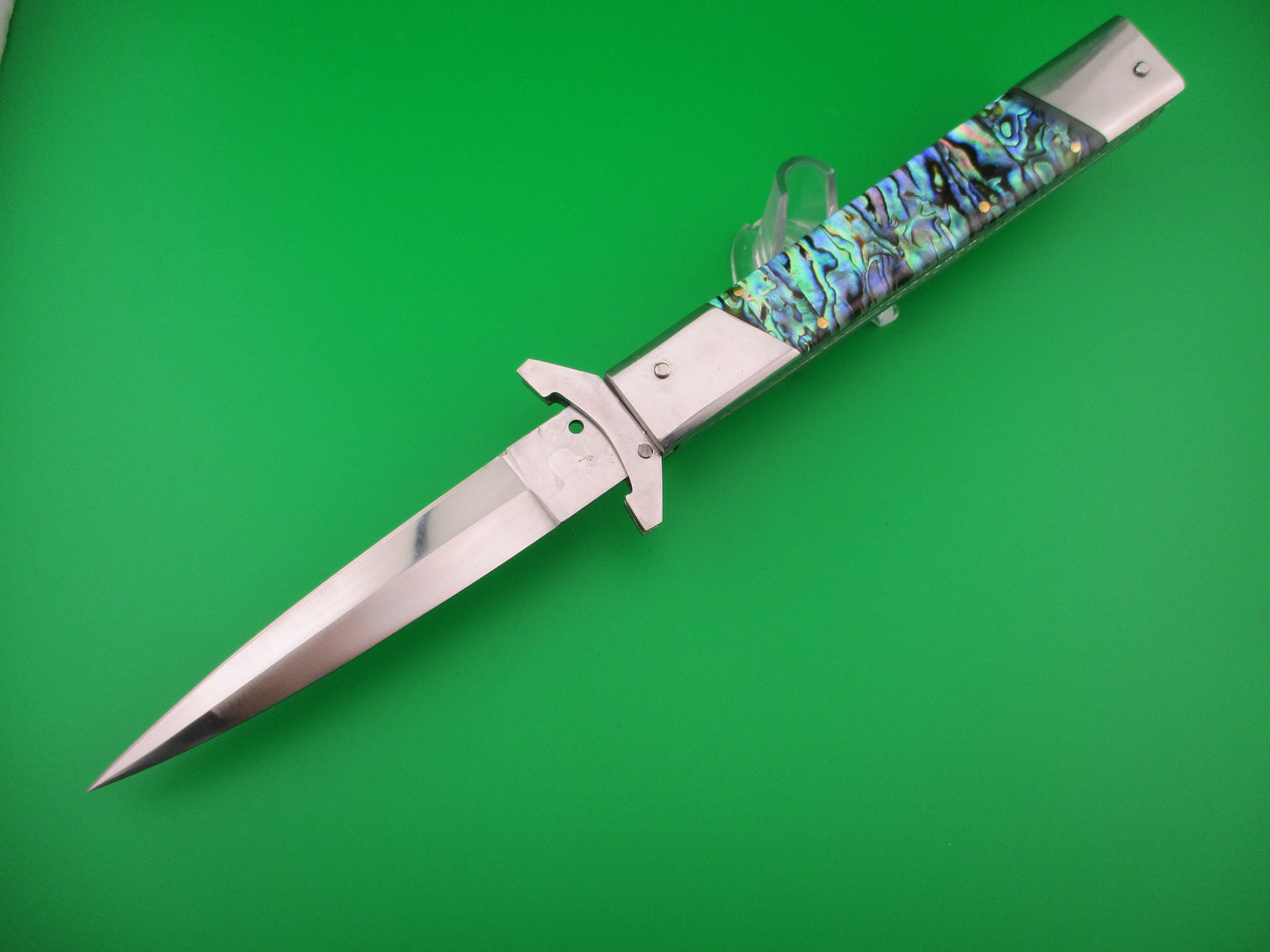 Custom 29cm Abalone Prioletta style Swing Guard Dagger grind Automatic knife