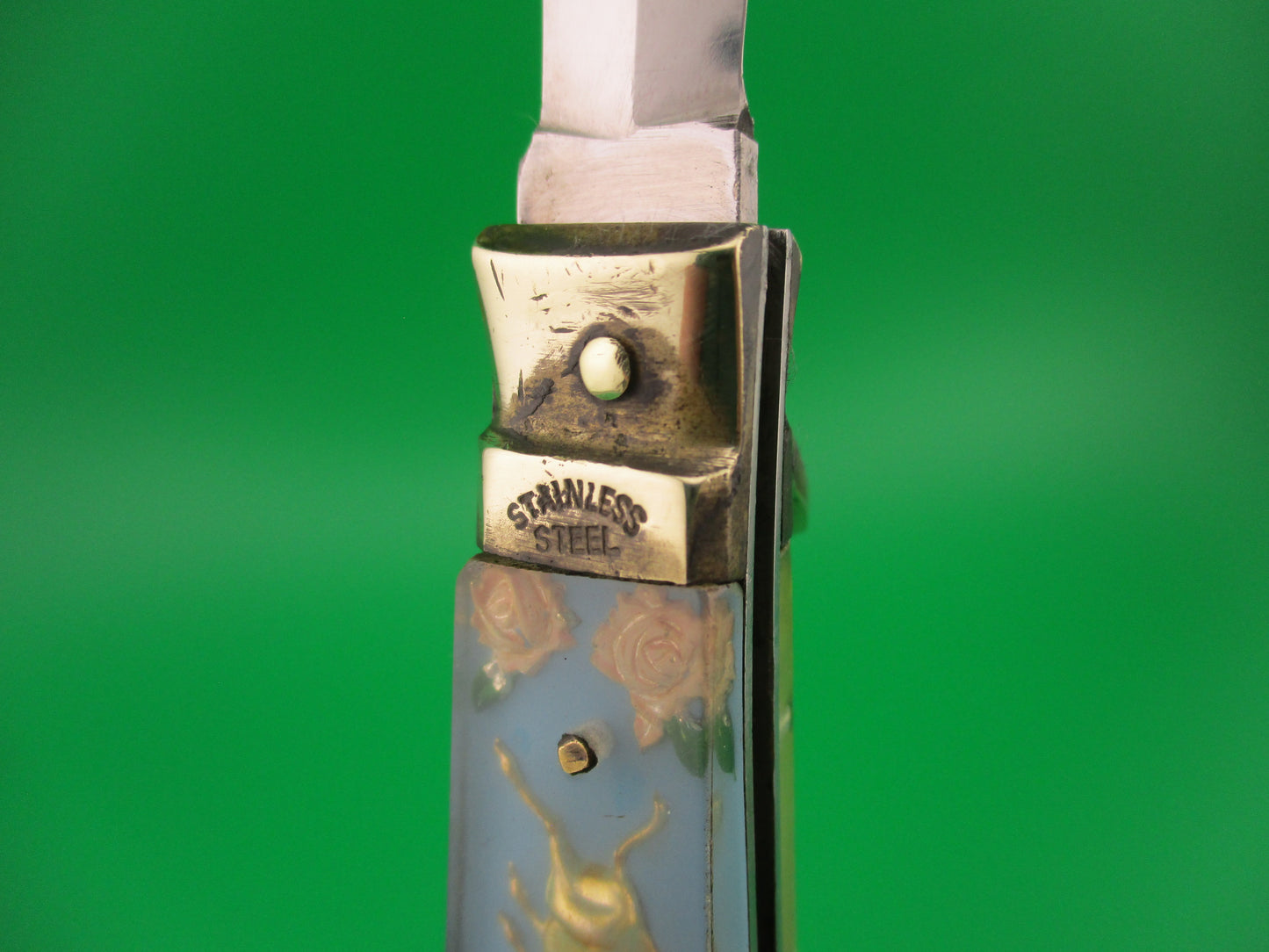 STAINLESS 17cm Japanese Bullfighter Siesta spear blade brass lever switchblade