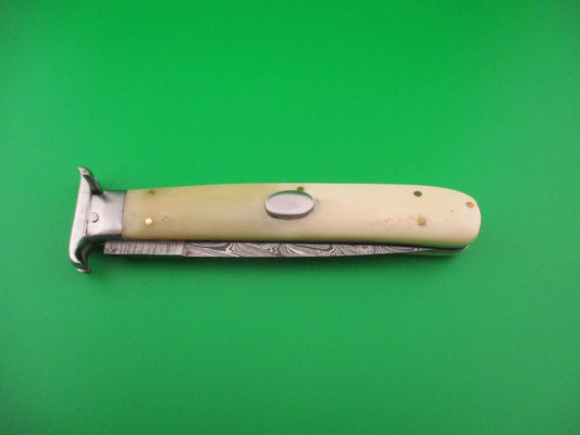 Custom 29cm Damascus Dagger grind Oval Button Smooth bone automatic knife w guards