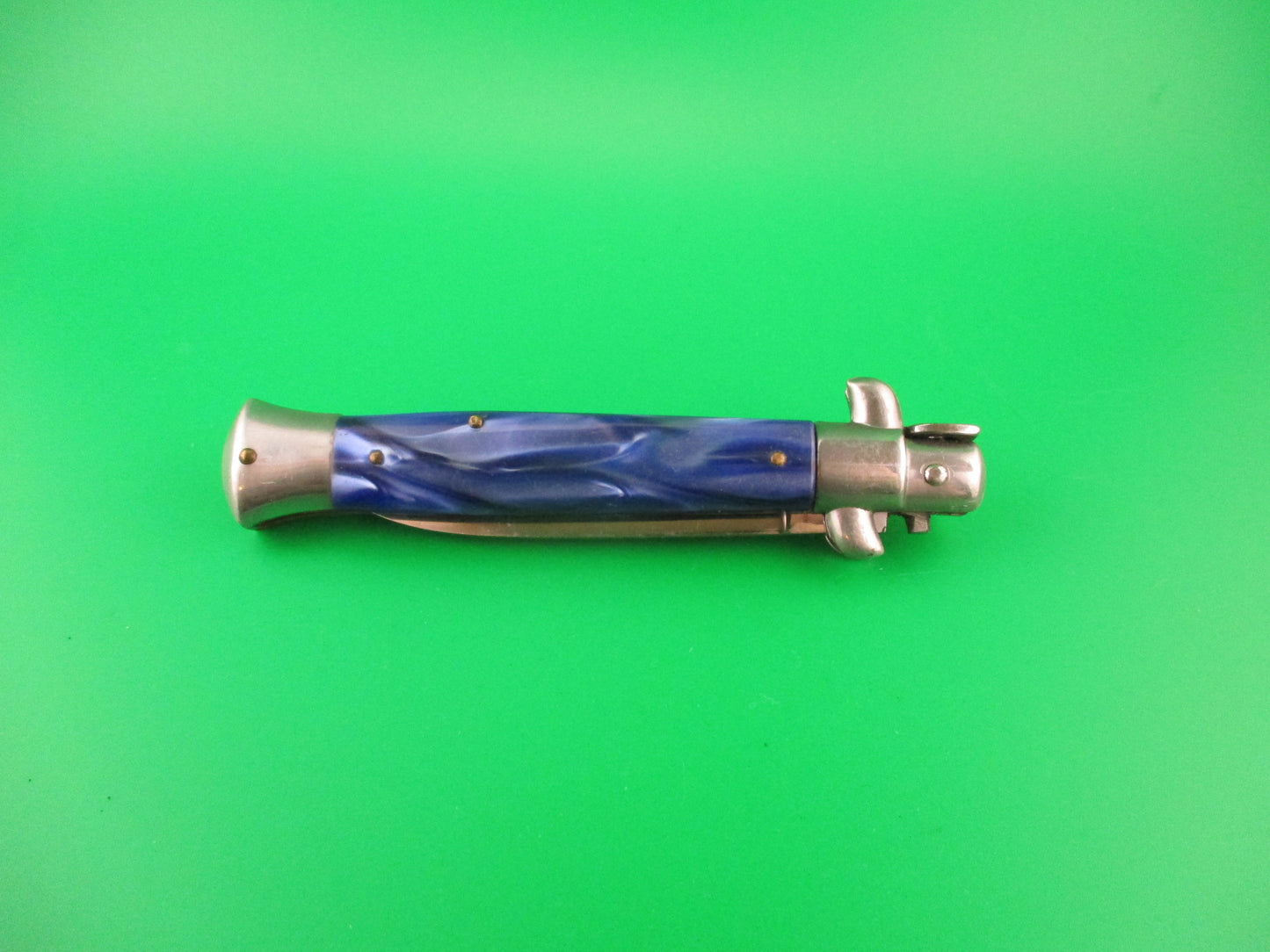 ERN (crown & scimitar) Rostfrei 21cm Italian Swivel bolster blue acrylic automatic knife