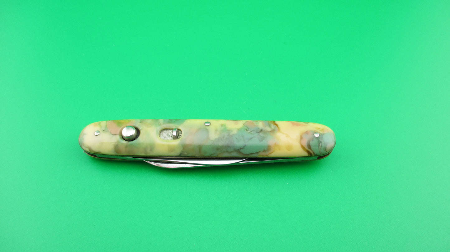 Schrade Cut Co Medium double Green & Cream celluloid switchblade knife