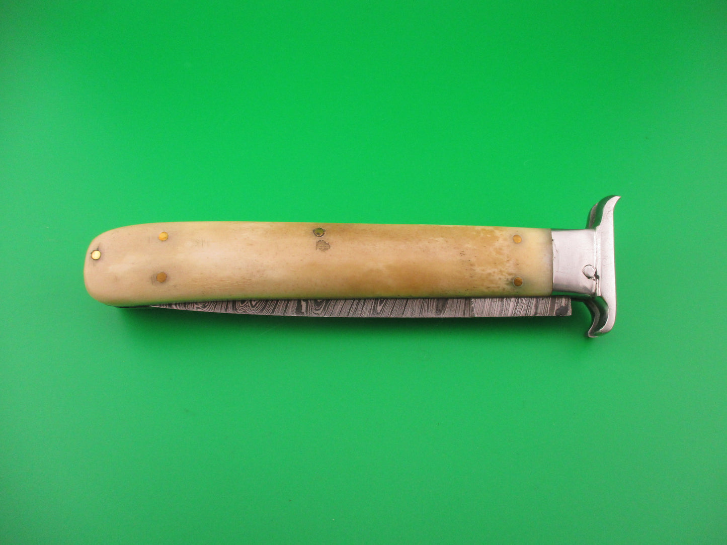 Custom 29cm Damascus Dagger grind Oval Button Smooth bone automatic knife w guards
