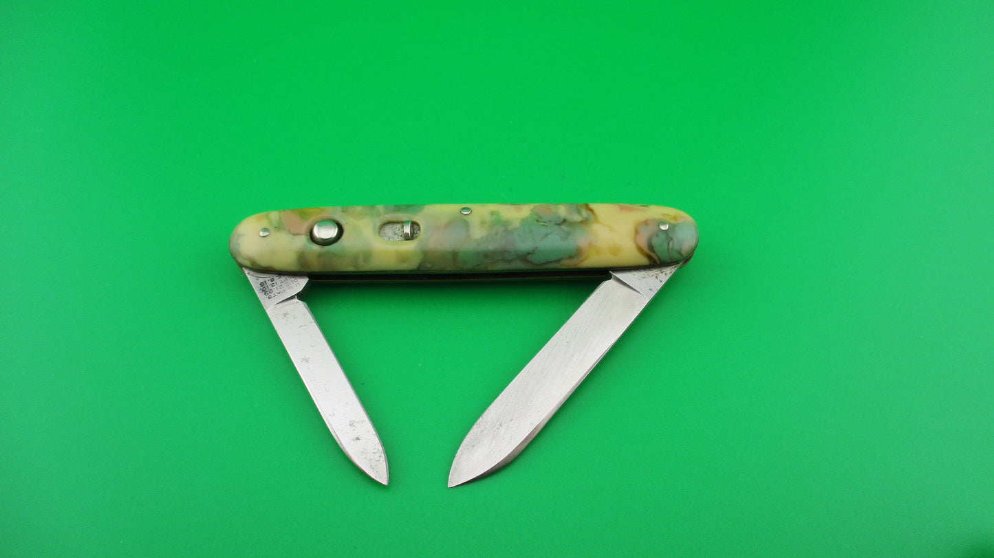 Schrade Cut Co Medium double Green & Cream celluloid switchblade knife