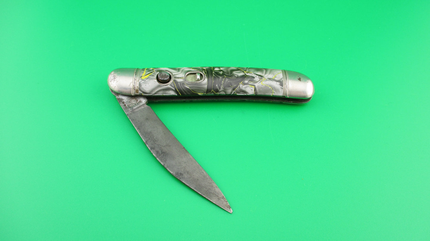 Hammer Brand Imperial Serpentine Jack Silver pearl Yellow streaks switchblade knife