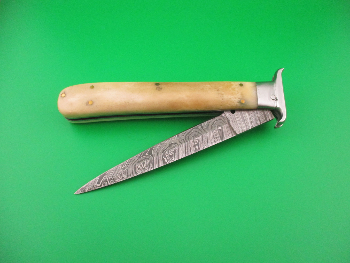 Custom 29cm Damascus Dagger grind Oval Button Smooth bone automatic knife w guards