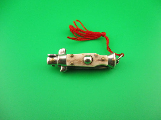INOX 7cm Italian Mini Picklock Stag 4 pin vintage automatic knife with Red tassel