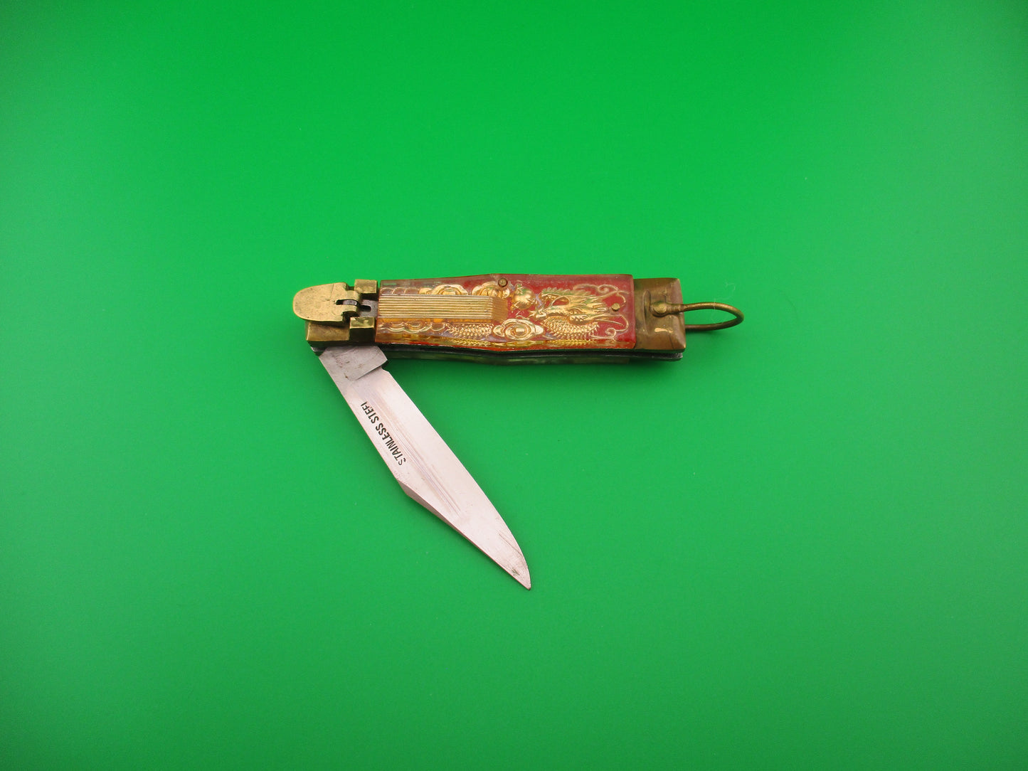 STAINLESS STEEL 16cm Japanese Vintage Bullfighter Red & Gold automatic knife