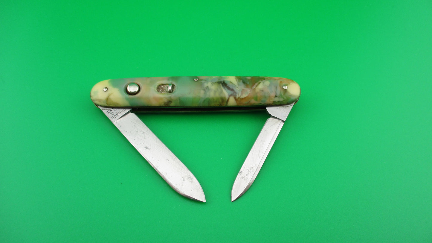 Schrade Cut Co Medium double Green & Cream celluloid switchblade knife