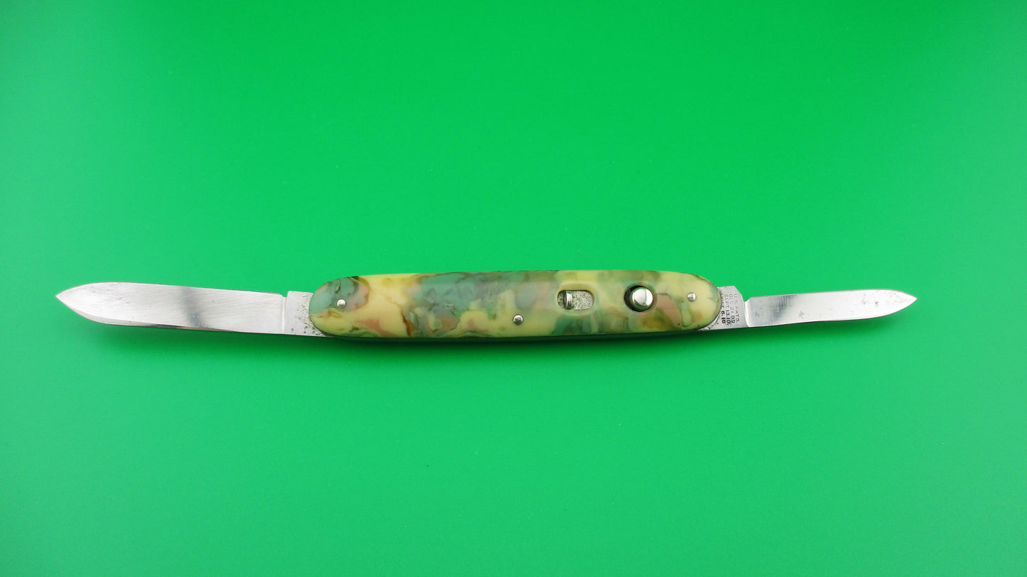 Schrade Cut Co Medium double Green & Cream celluloid switchblade knife