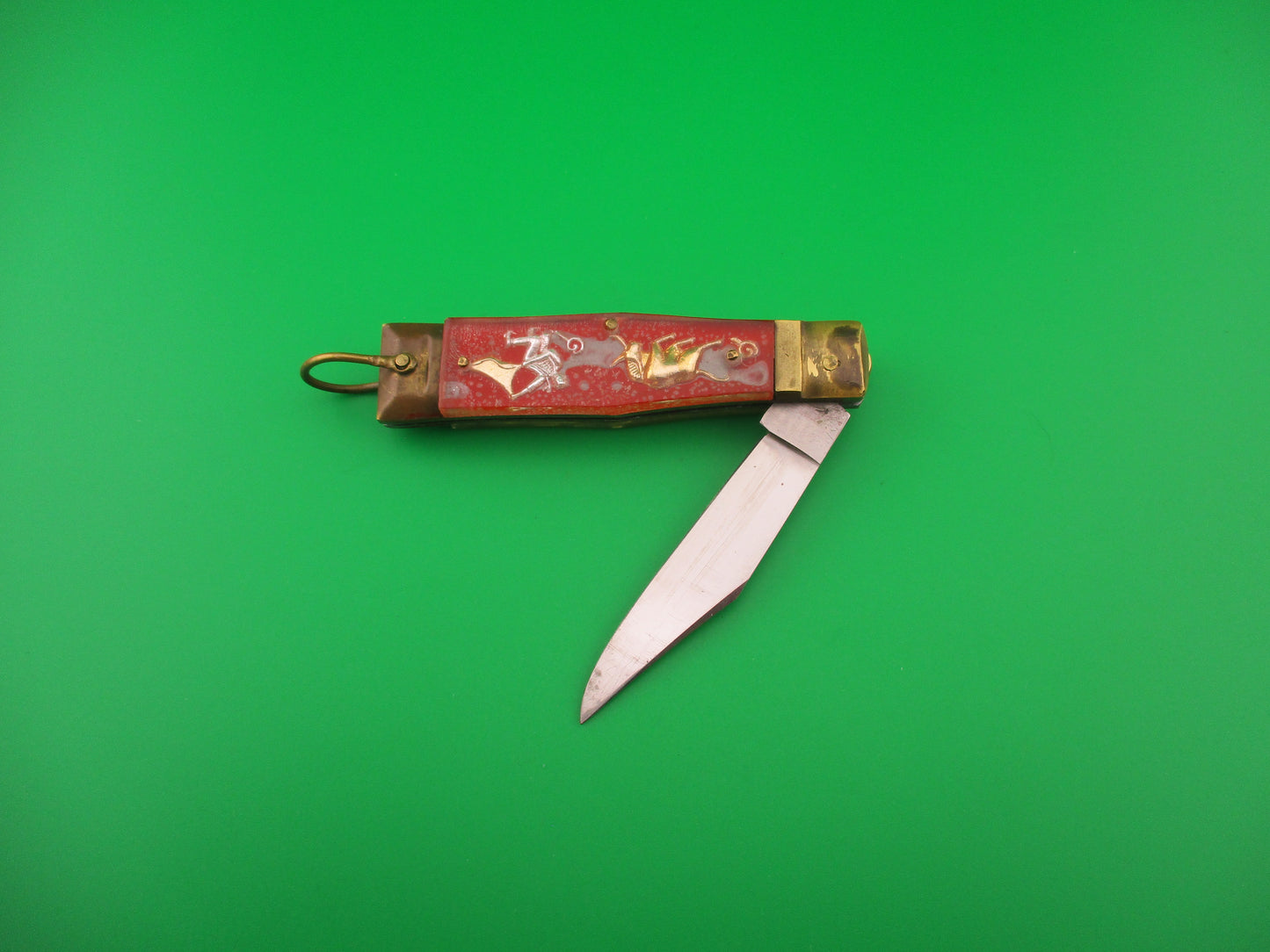 STAINLESS STEEL 16cm Japanese Vintage Bullfighter Red & Gold automatic knife