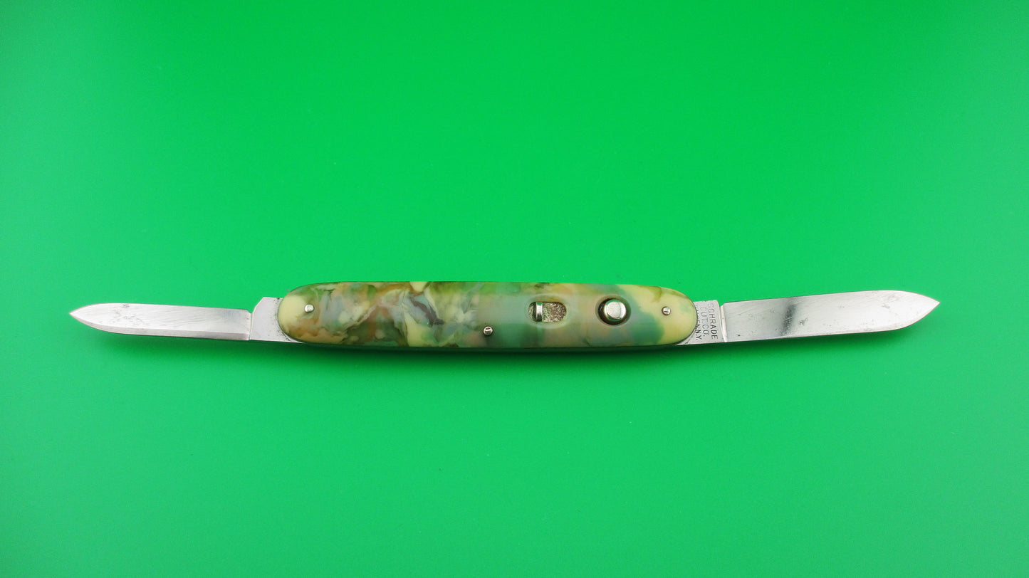 Schrade Cut Co Medium double Green & Cream celluloid switchblade knife