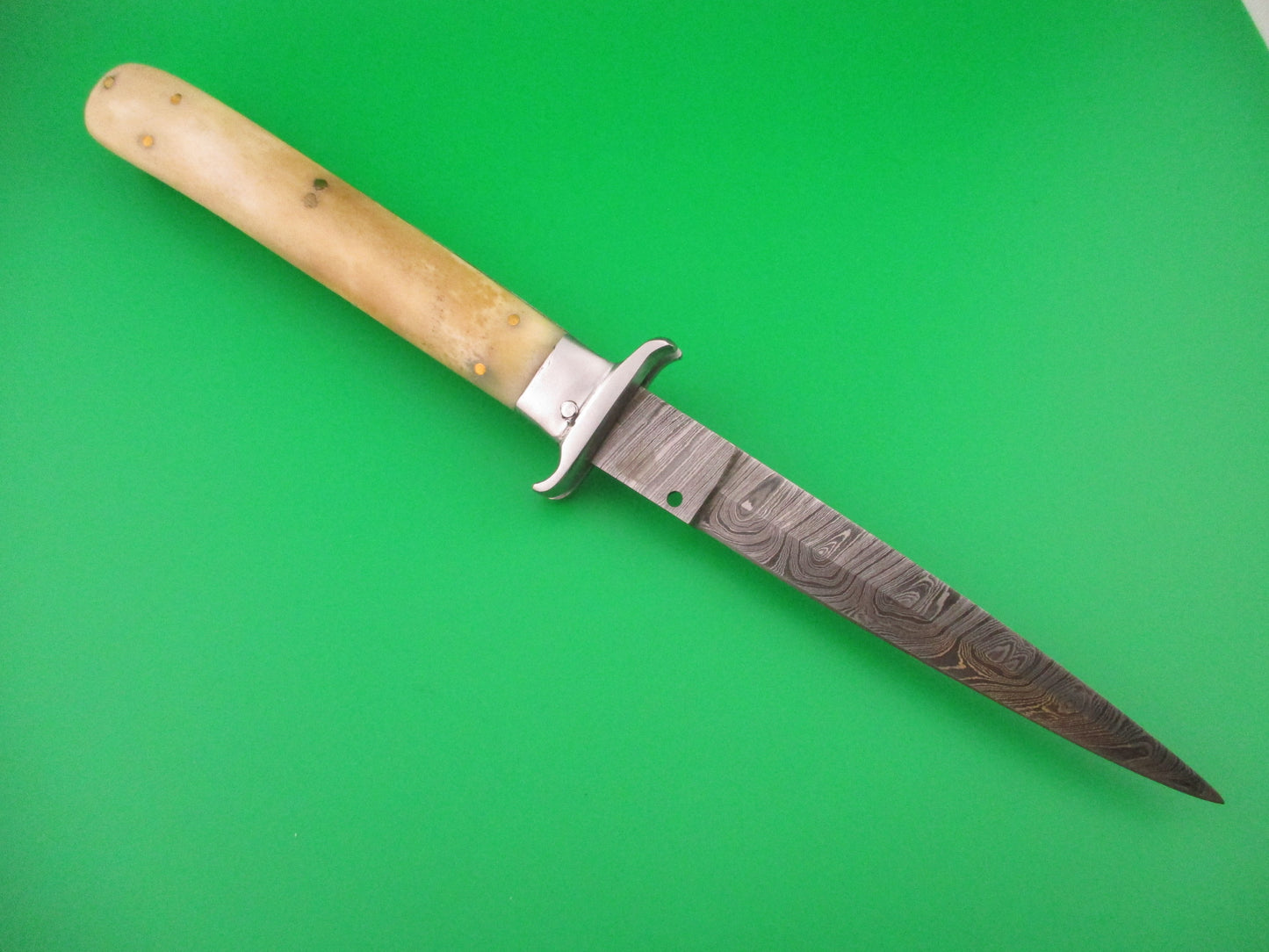 Custom 29cm Damascus Dagger grind Oval Button Smooth bone automatic knife w guards